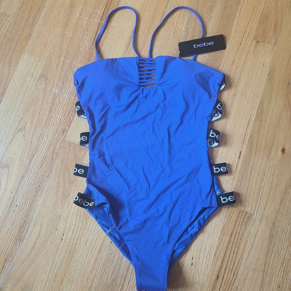 Bebe strappy Sexy Swimsuit COBALT blue Large NWT